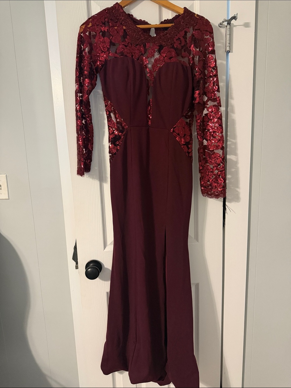 Soieblu Burgundy Long Sleeve Sequin Lace Evening Gown